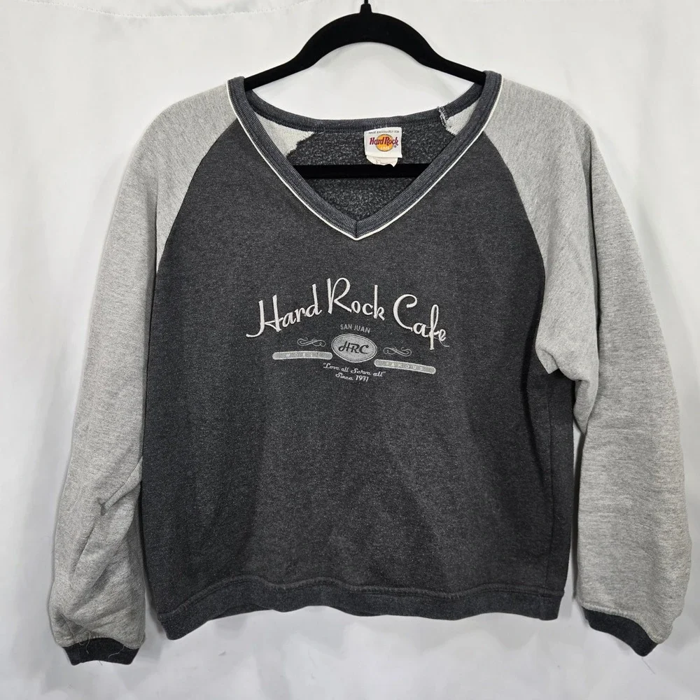 Vintage 90s Hard Rock Cafe San Juan V-Neck Sweatshirt Pullover Med Made in USA‎